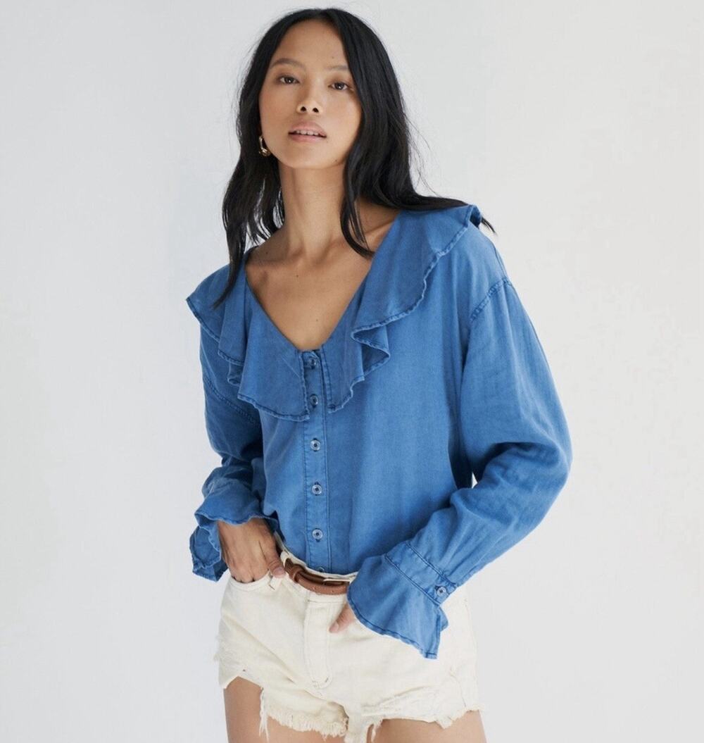 We The Free Amber Ruffle Top - XS Blue Linen Blend, Bell Sleeve, Boho Relaxed